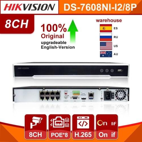 Hikvision 8CH NVR DS-7608NI-I2/8P 4K Network Video Recorder 8CH 2SATA 8 PoE Port H.265 APP Remote view CCTV Video Recorder