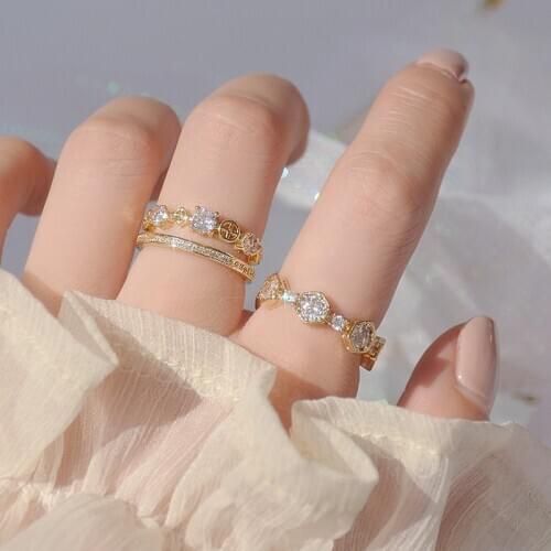 Ins Hot Sale 14K Real Gold Adjustable Wedding Rings for Women Luxury Simple Style Cubic Zircon Engagement Rings