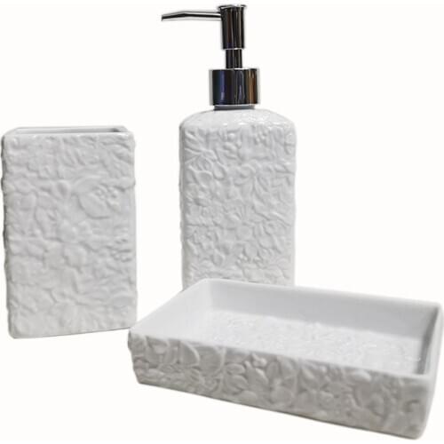 Embossed Flower Ceramic Bathroom Accessories set Bathroom supplies for star hotel Mouthwash Tooth Cup Soap Dispenser Pump Bottle
