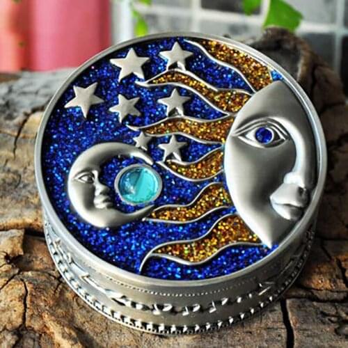 Sun Moon Retro European-Style Jewelry Storage Box Round Zinc Alloy Cosmetics Beauty Travel Storage Box Ring Packaging Container