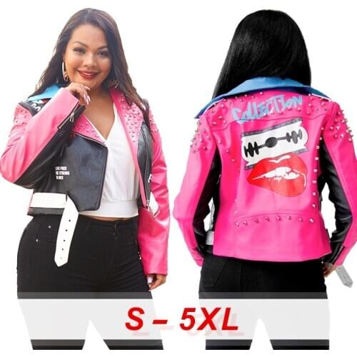 Womens Cool Leather Jacket, Rivet Print Lapel PU Jacket, Black and Pink Contrast Zipper 2020 Street Fashion Slim Leather Jacket