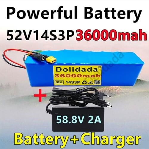 High capacity 18650 52v 36000mah14s3p lithium battery 52v 36ah 2000w electric bicycle battery built-in 20a bms xt60 with charger