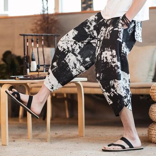 Fashion Mens Summer Cotton Casual Hip Hop Trousers Cross Bloomers Calf-Length Pants Mens Joggers pants