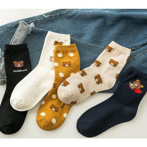 Fashion Casual Funny Bear Pattern Women Cotton Socks Middle Tube Crew Socks Harajuku Girls Cute Ladies Socks For Female
