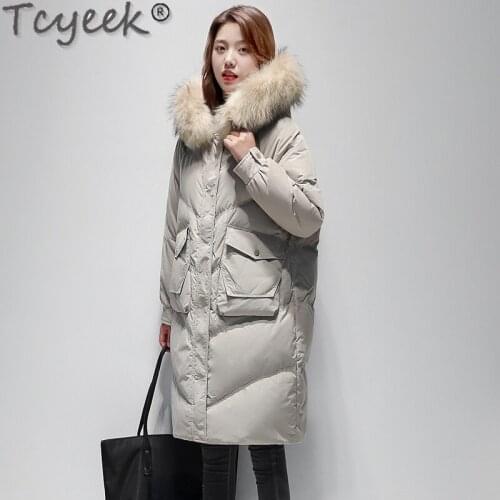 Tcyeek Fashion Womens Puffer Jackets Winter Real Raccoon Fur Collar Down Coats Famale Long Korean Parkas Doudoune Femme SQQ441