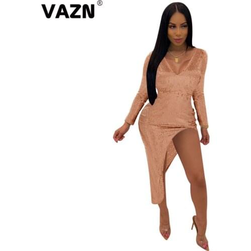 VAZN New 2020 Irregular Vintage Shinny Bandage Dress Full Sleeve Sheath Dresses V-neck Solid Maxi Long Dress