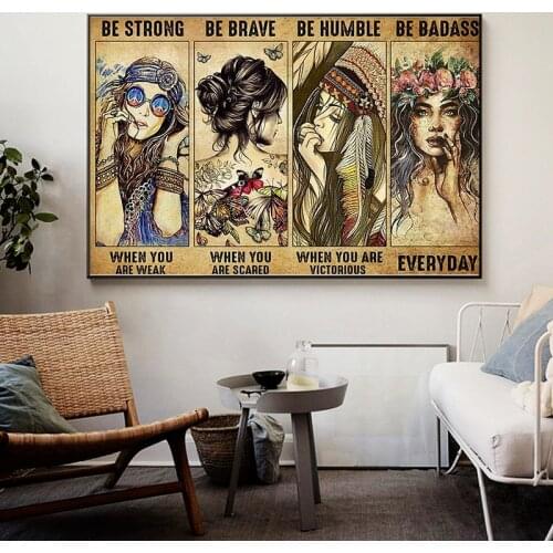 Hippie Girls Be Strong Be Brave Be Humble Be Badass Poster/Canvas - Vintage Retro Art Picture Home Decor Wall Hangings Gifts
