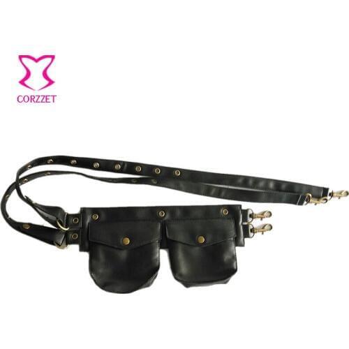 Black Faux Leather Ziper Pocket Belt Waist Bag Pouch Fanny Packs Gothic Corset Steampunk Clothing Burlesque Costume Accessories