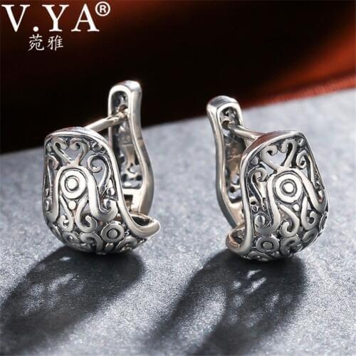 V.YA Vintage Style Hollow Hoop earrings Real Pure 925 Sterling Silver Floral Earrings Women Jewelry For Party Wedding