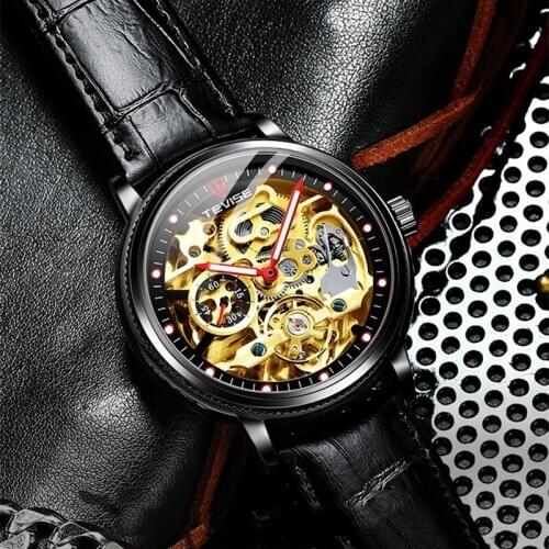 Tourbillon Men Watches TEVISE Fashion Skeleton Mechanical Watch Mens Black Leather Wristwatch Masculino Relogio Drop Shipping