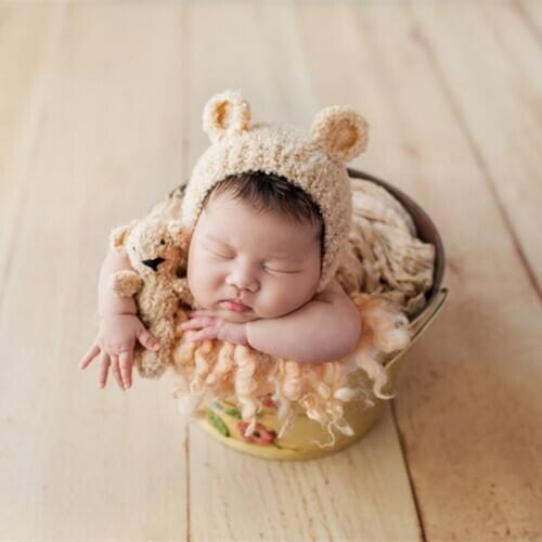 Ruffle Knitted Newborn Teddy Bear Hat Toy Set Beige Stuffed Toy Bear Crochet Hat Animal Pattern Baby Girl Boy Bonnet Photo Props