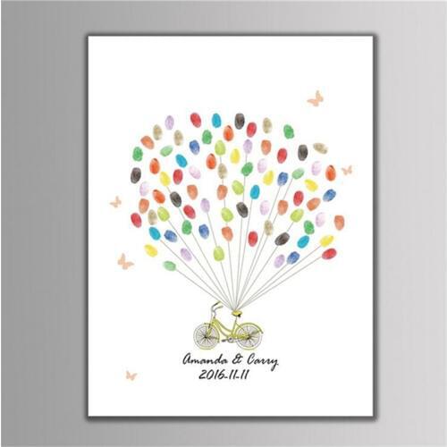 Customization Yellow Bicycle Fingerprint Tree Signature Canvas Print For Wedding Decoration Wedding Gift Fingerprint Signature