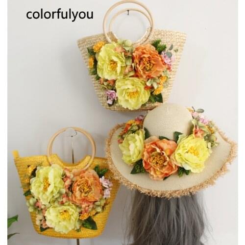 Summer Handmade Flowers Bags for Women Beach Weaving Ladies Straw Bag Yellow Color Larger Capacity Beach Totes with Hat 2021 New