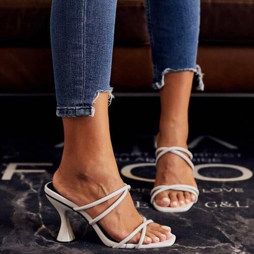 NAUSK NEW PU Gladiator Slippers Shoes Woman Heeled Square head Flip Flops Peep Toe Slip-on Thin High Heels Fashion Party Pumps