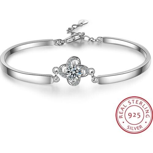 Luxury 925 Sterling Silver Bracelets Luxury Zirconia Four Leaves Clover Bracelets & Bangles For Women pulseira de prata