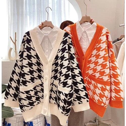 Womens Fashion Mid-length Sweater Cardigan Leopard Print Casual Cardigan Orange Ladies Knitted Hat 2021 Spring New