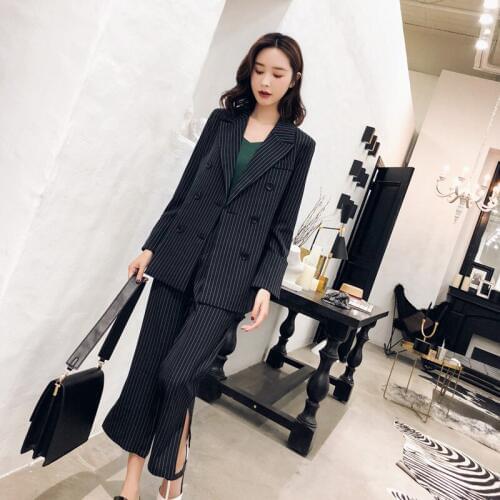 Women Outfits Autumn Loose Double Breasted Striped Blazer Jacket & Pant Work Pants Suits 2 Piece Sets Office Lady Suits