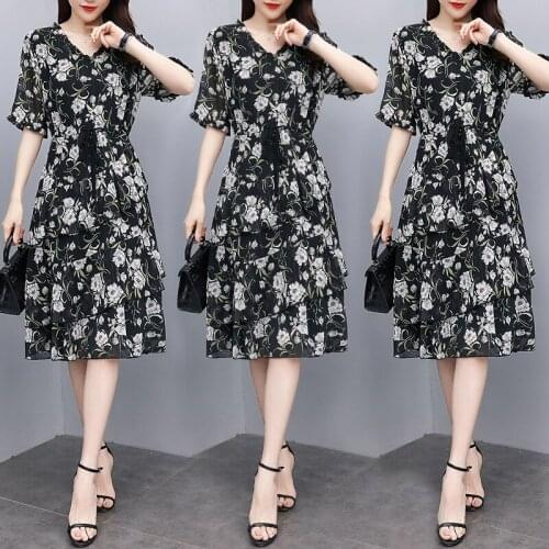 Plus Size Vestidos Women 2020 Summer Printed Bow Stitching Dress Women Slim Slimming Floral Chiffon Ruffled Dresses Female Z820