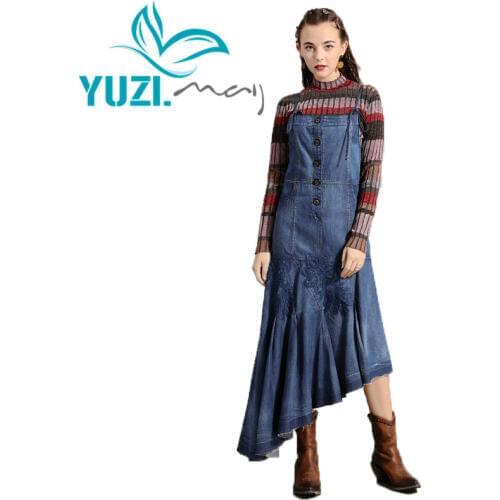 Dress Female 2019 Yuzi.may Boho New Denim Women Dresses Asymmetrical Vintage Appliques Swing Hem Overalls A82193 Vestidos
