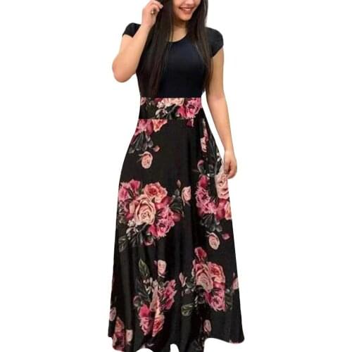 Women Dress Polyester Fiber Short Sleeve Floral Printed Patchwork Prom Cocktail Large Swing Casual O Neck Black M Dress Women
