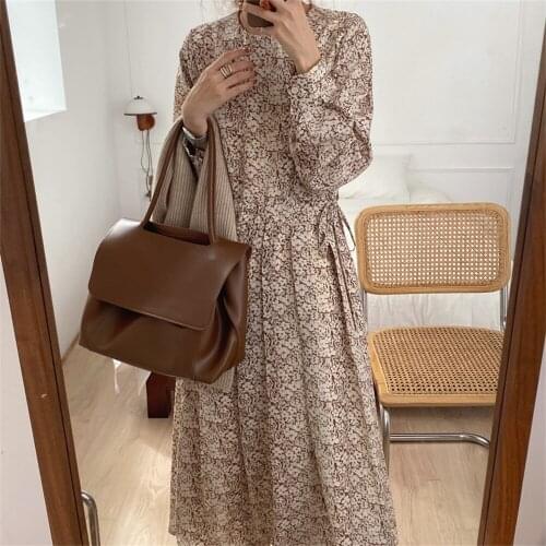 Alien Kitty Romance Long Dress Floral Sweet Printing Pleated 2021 New OL Drawstring Streetwear Autumn Chic Office Lady Vestidos