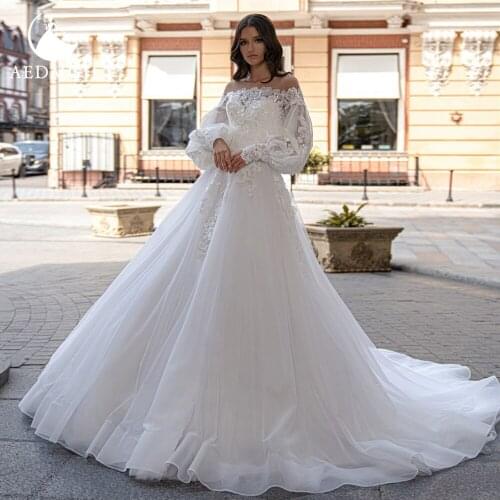 Aedmgh A-Line Princess Wedding Dresses 2021 O-Neck Lantern Long Sleeve Bride Dress Gorgeous Appliques Court Train Bridal Gowns