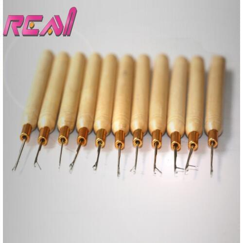 2Pcs Hair Extension Hook Pulling Tool Needle Threader Micro Rings Link Beads Loop Wooden Handle With Steel Needle