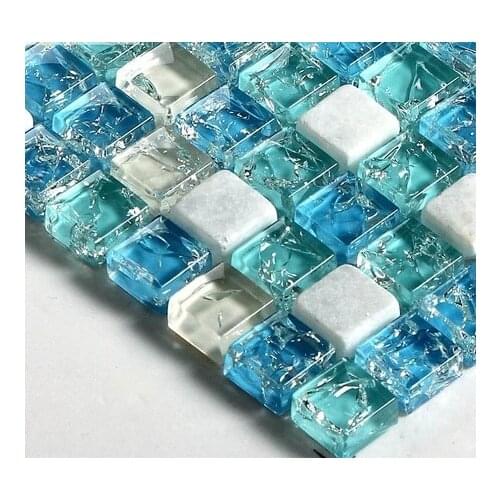 Snow White Marble Stone Blue crystal glass mosaic tile Kitchen backslash bathroom living room background stair decoration