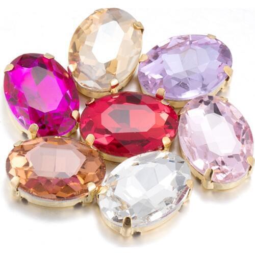 Shiny Sparkle Oval Glass Crystal Strass High Quality Glass Rhinestones With Golden Flat Back Claws For Sew On Clothing Crafts