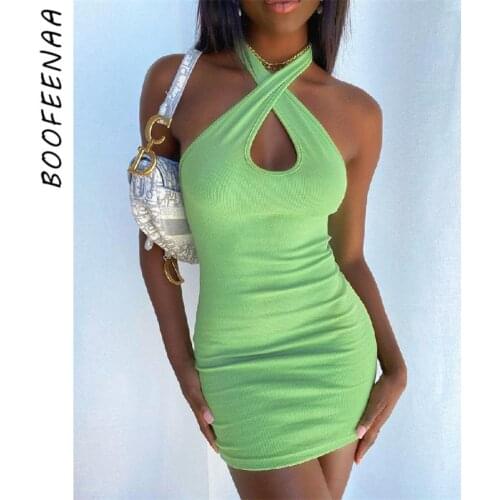 BOOFEENAA Sexy Summer Halter Backless Fitted Dresses for Women Solid Color Ribbed Mini Bodycon Dress Y2k Club Outfits C82-BA17