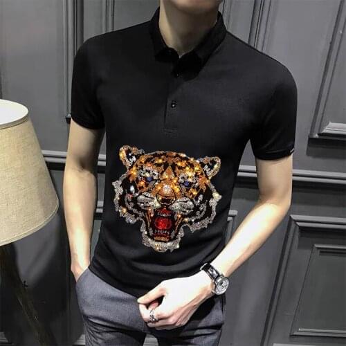 Mens Korean Version Lapel Base Polo Short-Sleeved Rock MaleSummer Shirt Luxury Shining Rhinestone Asian Size M-4XL