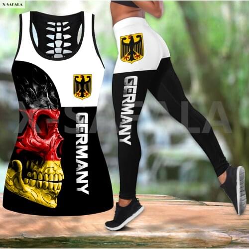 Germany Skull Two Piece Yoga Set Women 3D Print Vest Hollow Out Tank Top High Waist Legging Summer Casual Sport