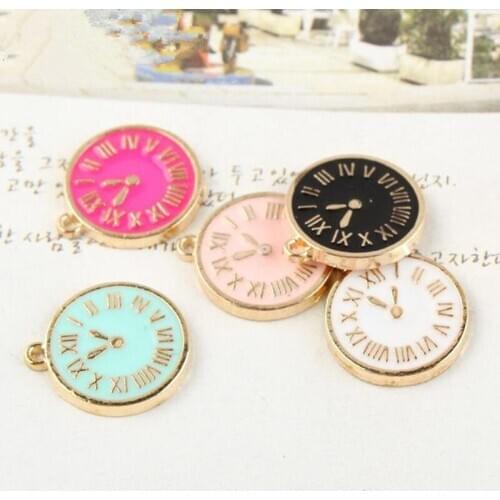 New Arrival Mini Order 20PCS Oil Drop Clock Necklace Pendants Gold Tone Enamel DIY Bracelet Necklace PHone Chain Keyring Charm