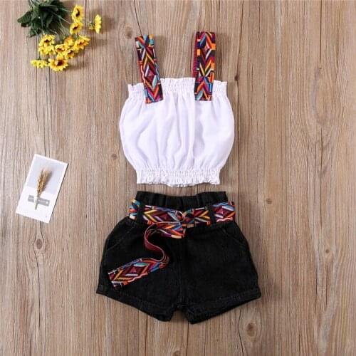 Fashion 2PCS Kid Baby Girls Clothes Sets 0-6Y Sleeveless Sling White Tank Top Casual Shorts With Sashes Summer Outfit Sets