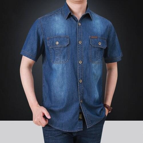 Mens spring and summer new denim thin shirt short-sleeved soft cotton two-pocket lightweight stretch jeans denim shirt clothing