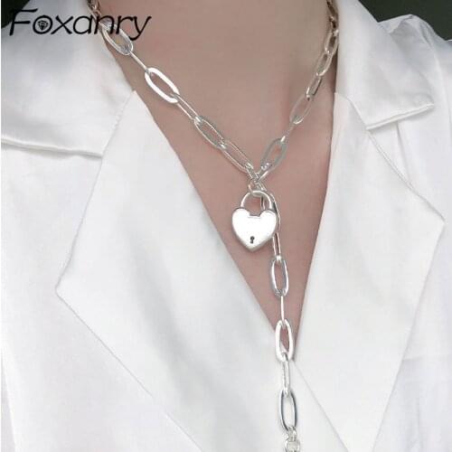 Foxanry 925 Sterling Silver Sweater Necklace OT Buckle Accessories New Trendy Elegant Creative LOVE Heart Design Party Jewelry
