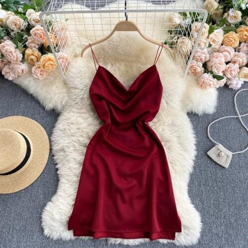 Women Satin Dress Summer 2021 Solid Spaghetti Strap Sleeveless Swinging Collar High Waist Split Mini Club Party Dress Vestidos