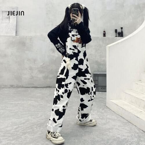 Casual Loose Cow Print Jumpsuits For Girls 18 Years Old Cute Overalls Wide Leg Pants Sleeveless Street Hip-hop Harajuku Playsuit