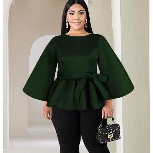 Plus Size Flare Sleeve Tops Tunics High Waist Belt Zipper Ruffles Loose Green Vintage Classy Blouses Office Work Women Outfits