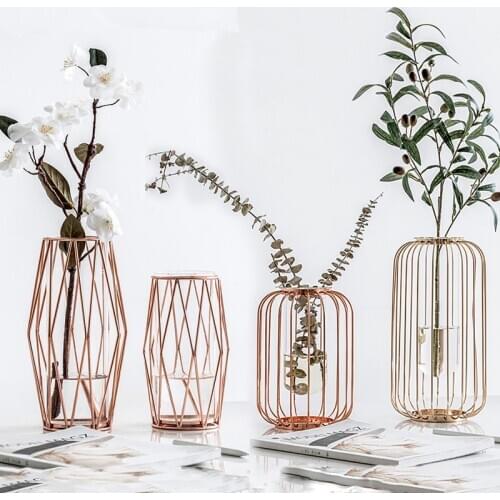 Nordic Lantern-shaped Iron Art Glass Vase Gold Plated Flower Vase Tabletop Vase Flower Pot Home Wedding Decoration