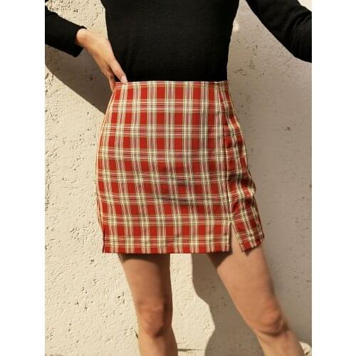 Gaono Preppy Style Girls Plaid Printed Skirts Womens Split Hight Waist Kilt Short Mini Skirt Casual Zipper Fit A-Line Hip Skirt