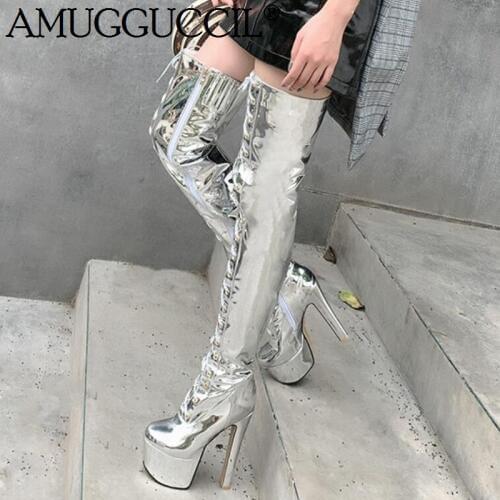 2020 New Plus Big Size 33-48 Silver Zip Lace Up Sexy Over The Knee Thigh High Heel Platform Autumn Winter Lady Women Boot X1909
