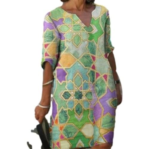 2021 Summer geometric Print Dress V-Neck Women Loose Dresses Lady Fashion Half Sleeve Polk Dot Dress Vestidos