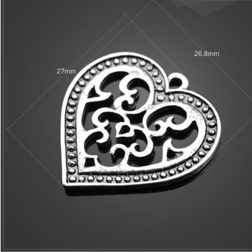 High quality 10 PCS/Lot 26.8mm*27mm alloy antique silver plated bracelets hearts charms for bracelet