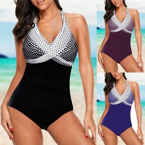 2020 Black/Blue/Purple Halter Piece Bikini Push Up Swimwear Women Slim Monokini Padded Bathing Suit Dots Print Stretchy Swimsuit