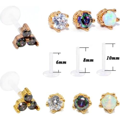 5PCS Gold Crown King Bioplast Flexible Push-in Labret Stud Lip Ring Triangle Zircon Ear Cartilage Tragus Helix Piercing Jewelry