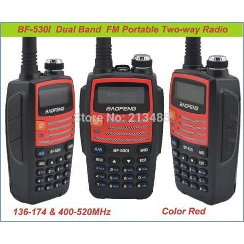 Color Red baofeng BF-530I 136-174MHz & 400-520MHz Dual Band 5W/1W 128CH FM 65-108MHz with Free Earphone Portable Two-way Radio