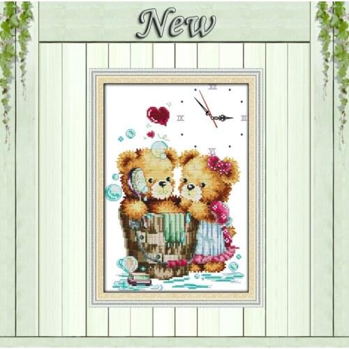 Kiss bear clock face decor paintings counted print on canvas DMC 14CT 11CT chinese Cross Stitch Needlework Sets Embroidery kits