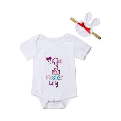 Newborn Infant Kids Baby Girl Easter Short Sleeve Romper Bunny Headband 2pcs Jumpsuit Outfit Boy Clothes Set
