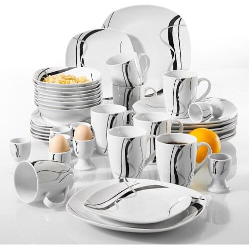 40-Piece Black Stripe Porcelain Dinner Kitchen Plate Combi-Set with Egg Cup/Mug/Bowl/Dessert Plate/Dinner Plate